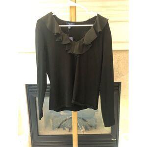 Chaps Women’s Black Long Sleeve Ruffle V Neck Blouse Size L NWT